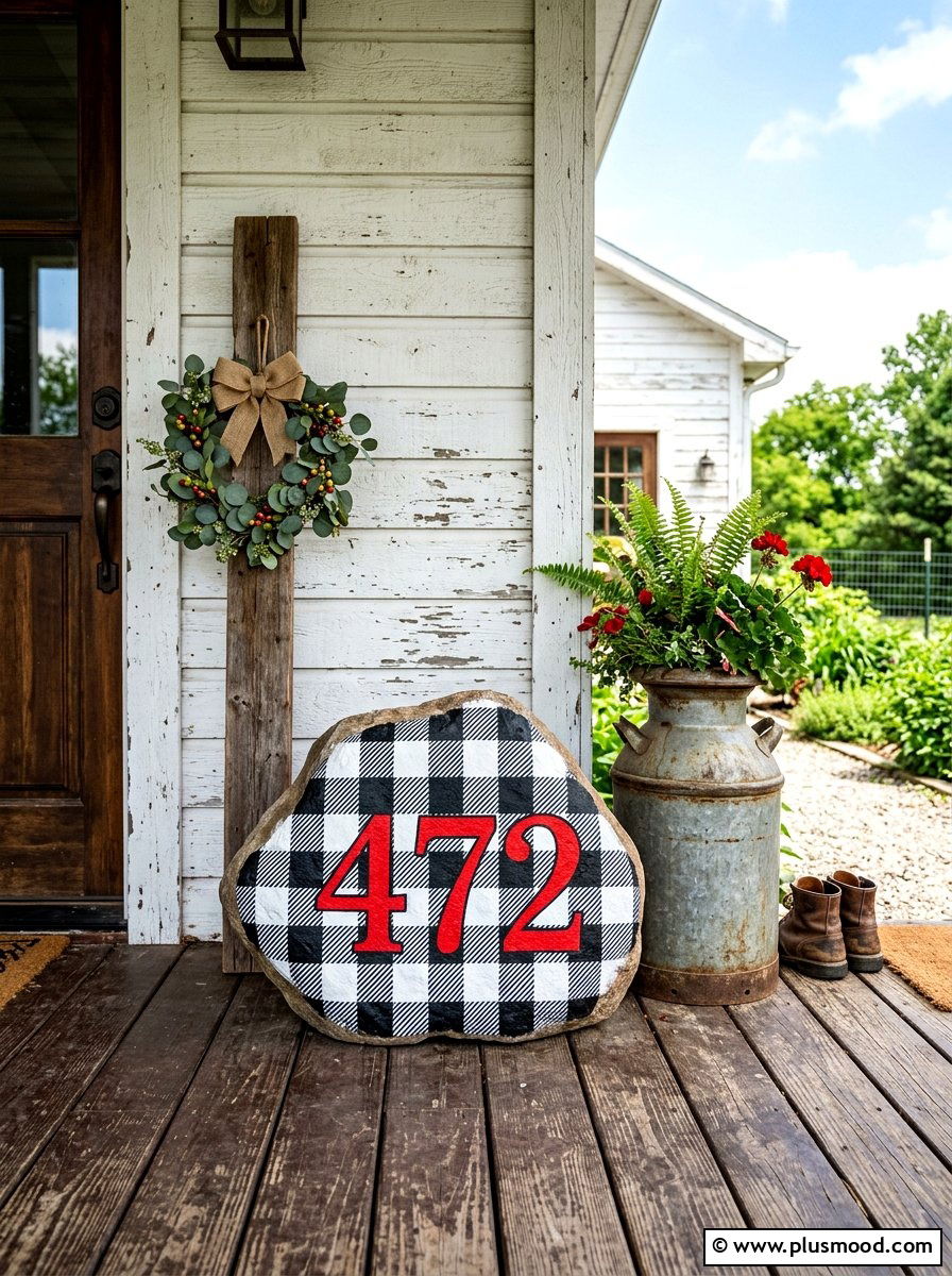 Farmhouse buffalo check address rock - 25 painted rock ideas for address markers
