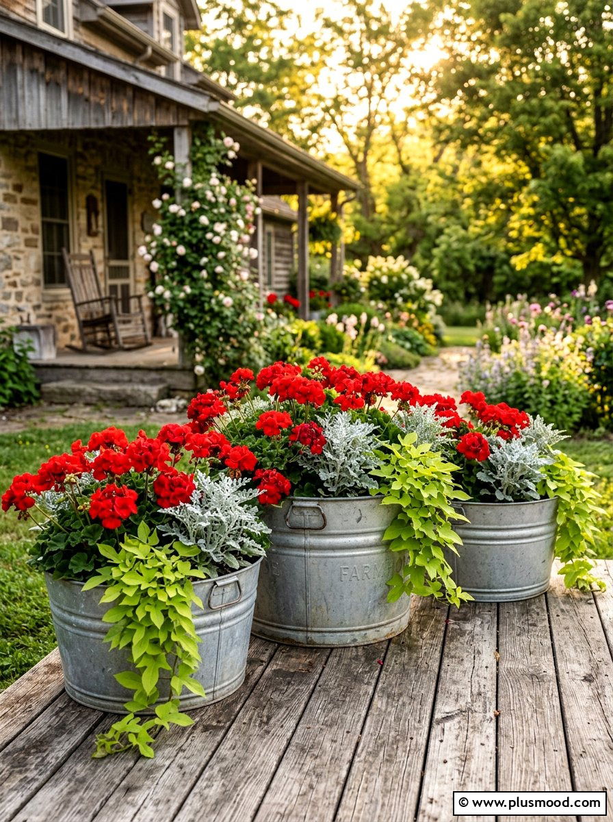 Farmhouse galvanized metal planter setup - 25 summer backyard planter ideas