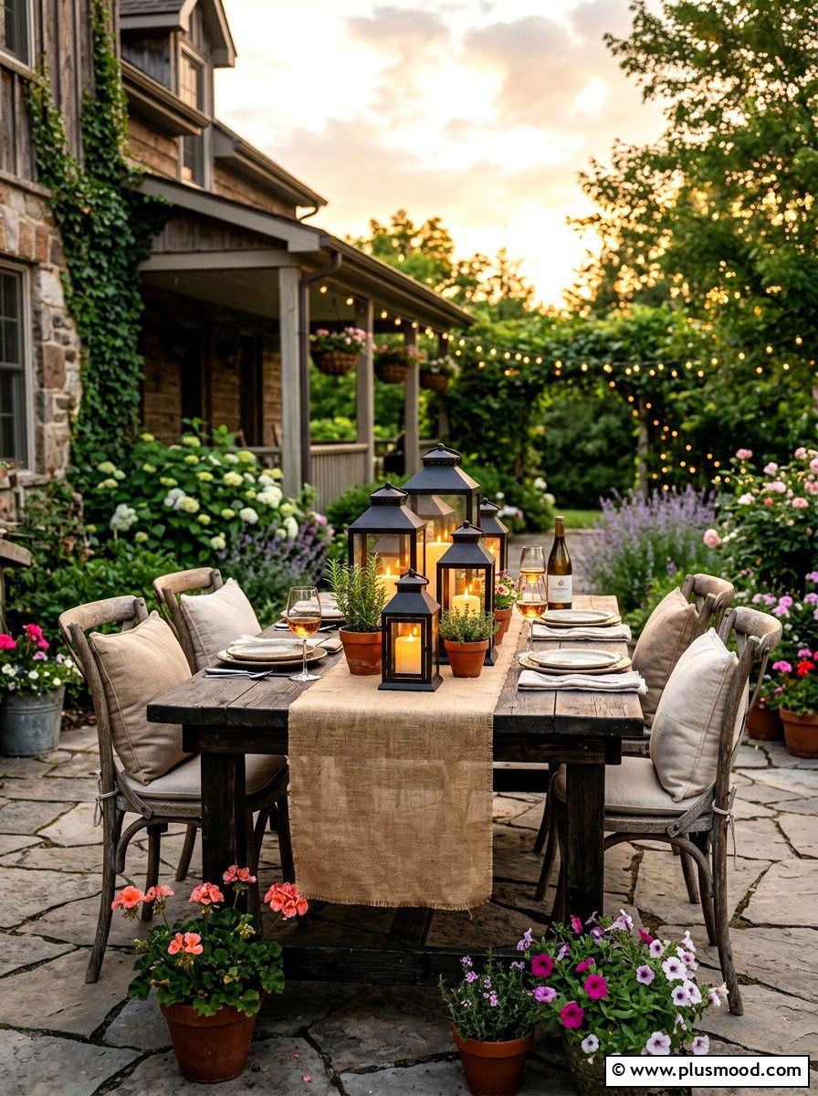 Farmhouse lantern patio table - 25 summer outdoor centerpiece ideas