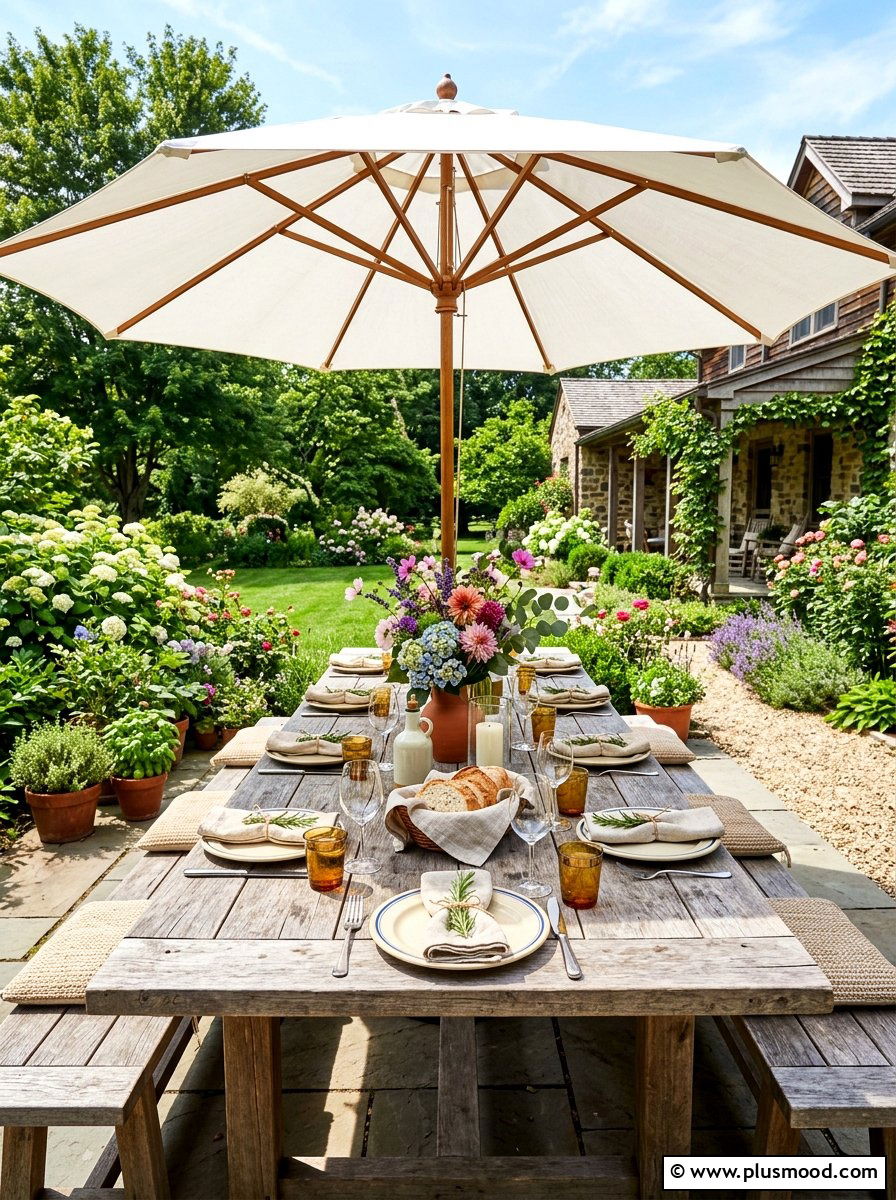 Farmhouse outdoor dining table - 25 cozy summer backyard ideas