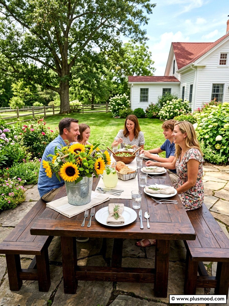 Farmhouse picnic table dining - 25 summer backyard picnic ideas