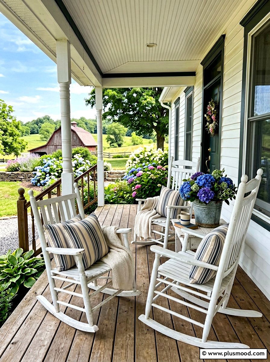 Farmhouse porch rocking chairs with hydrangeas - 25 summer front porch decor ideas with hydrangeas