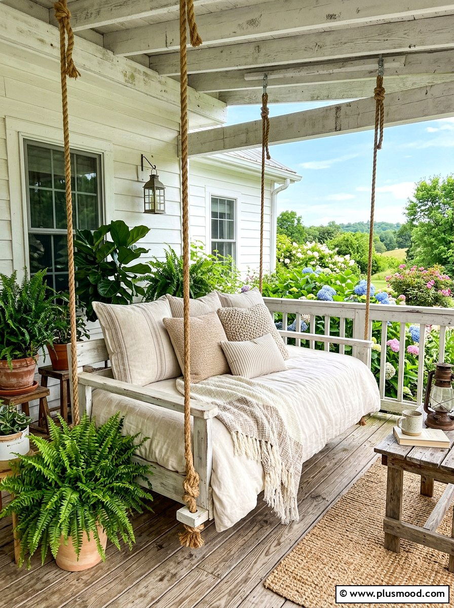 Farmhouse porch swing bed - 25 summer farmhouse outdoor entertaining ideas