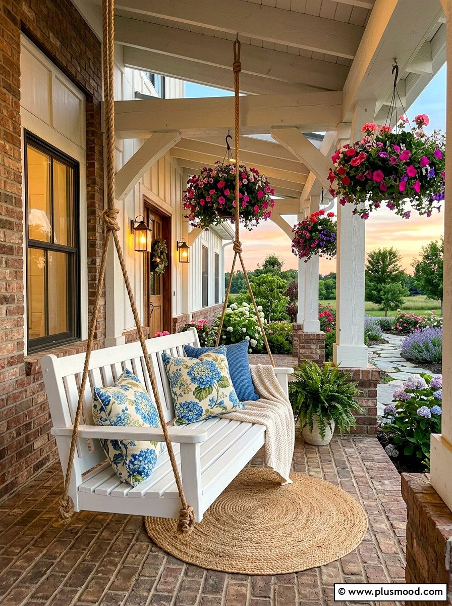 Farmhouse porch swing for brick home - 25 summer front porch decor ideas for brick house