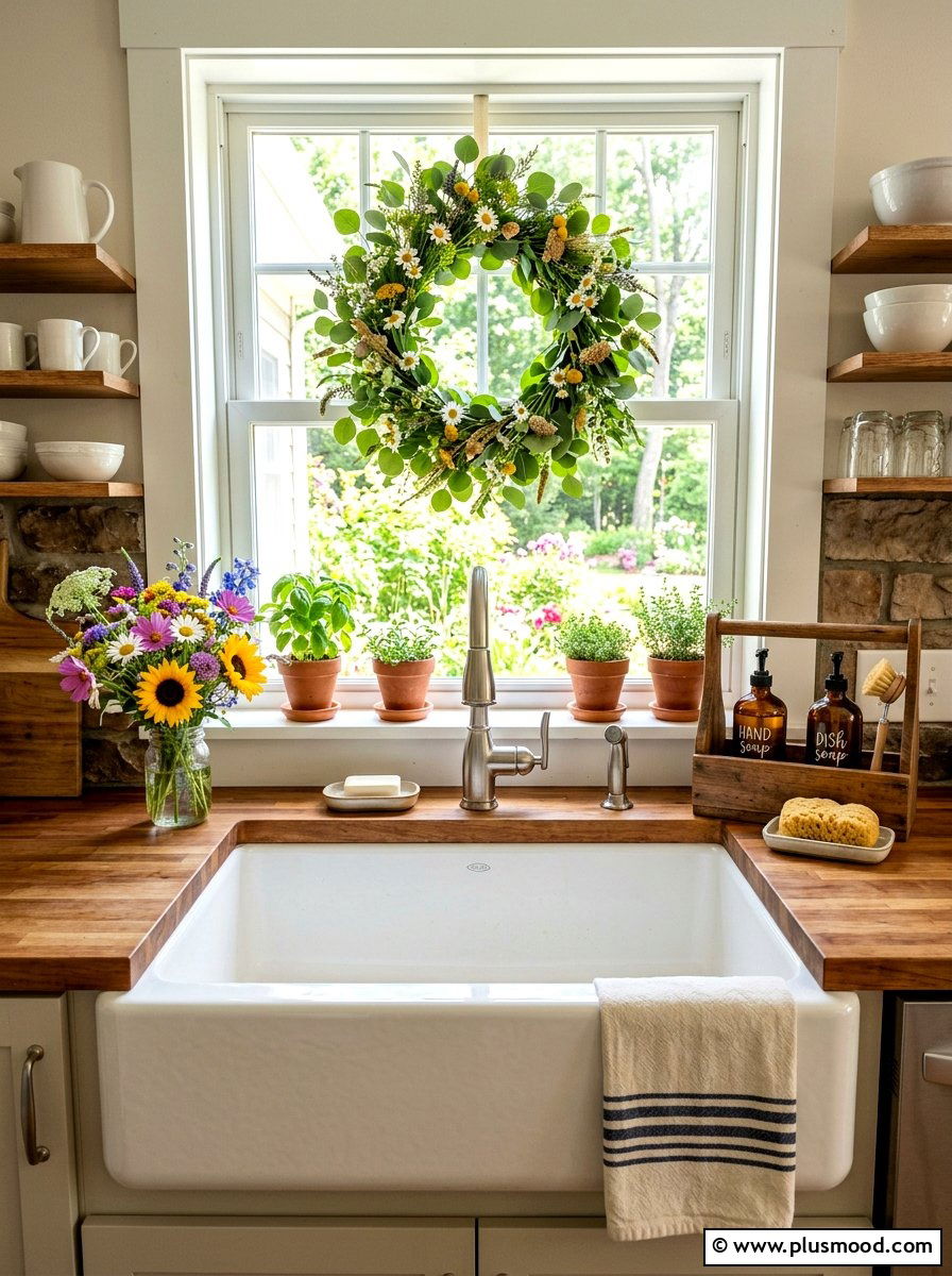Farmhouse sink summer display - 25 summer kitchen decor ideas