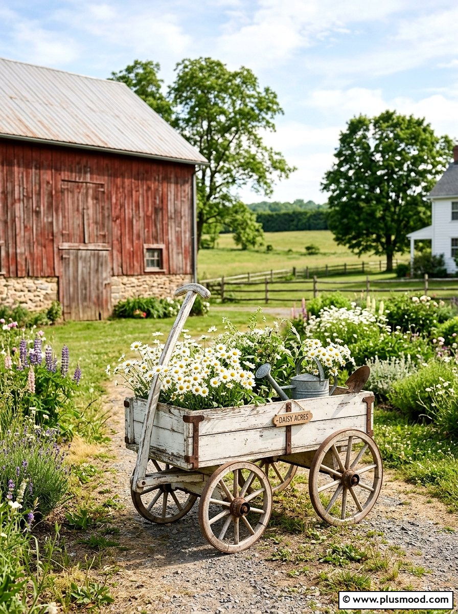Farmhouse style garden cart - 25 outdoor garden decor ideas with wheelbarrow planter