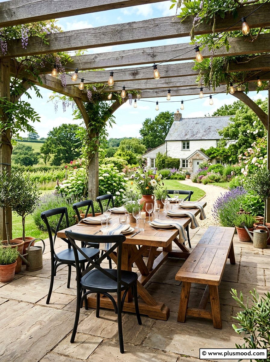Farmhouse style outdoor dining area - 25 summer backyard seating ideas for guests
