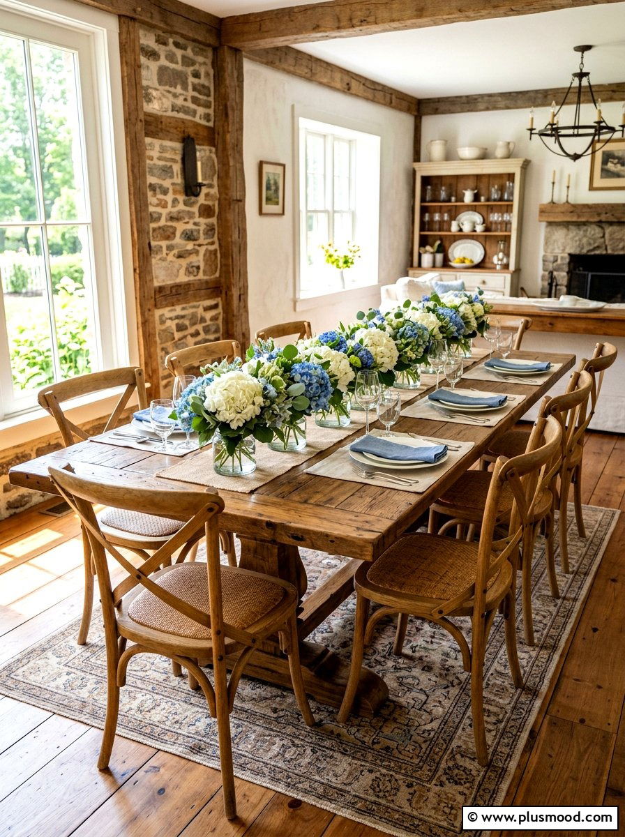 Farmhouse table hydrangea runner - 25 summer kitchen decor ideas with hydrangeas