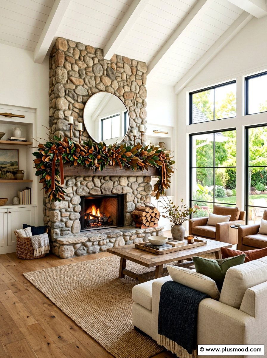 Faux Magnolia Leaf Mantel - 25 summer to fall mantel ideas