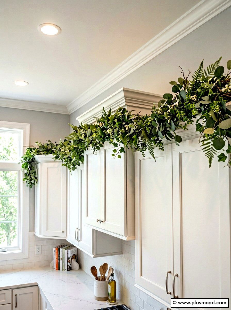 Faux greenery cabinet garland - 25 summer greenery kitchen decor ideas