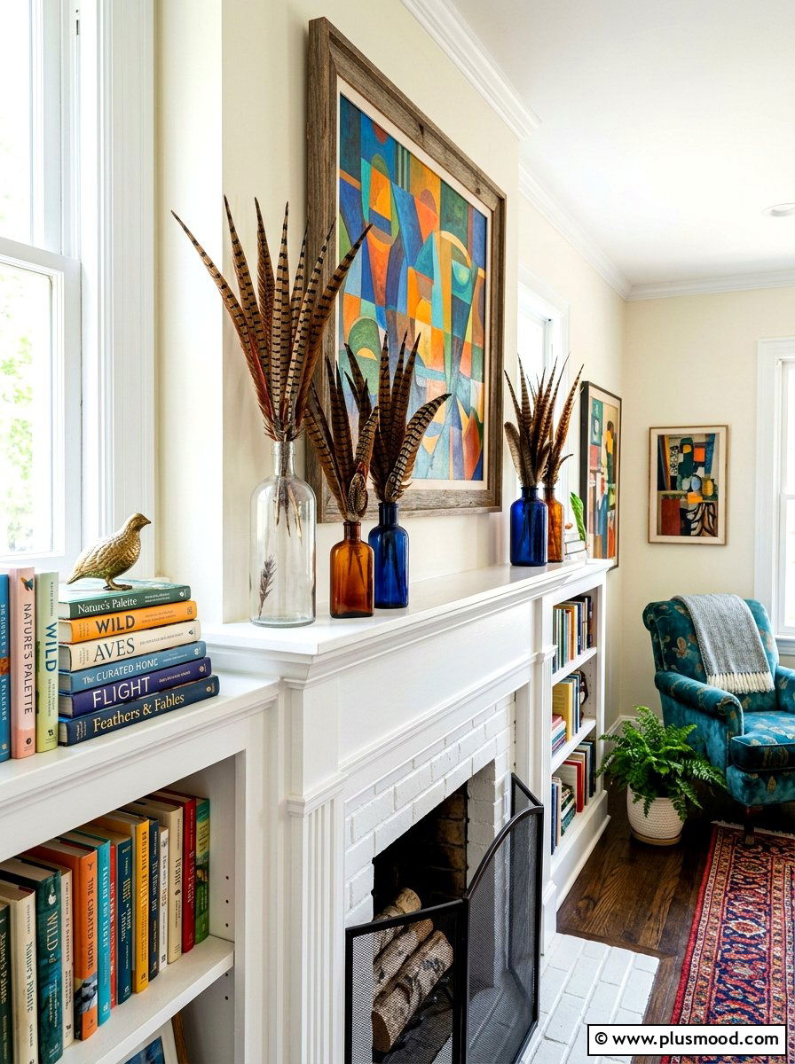 Feather Detail Mantel - 25 summer to fall mantel ideas