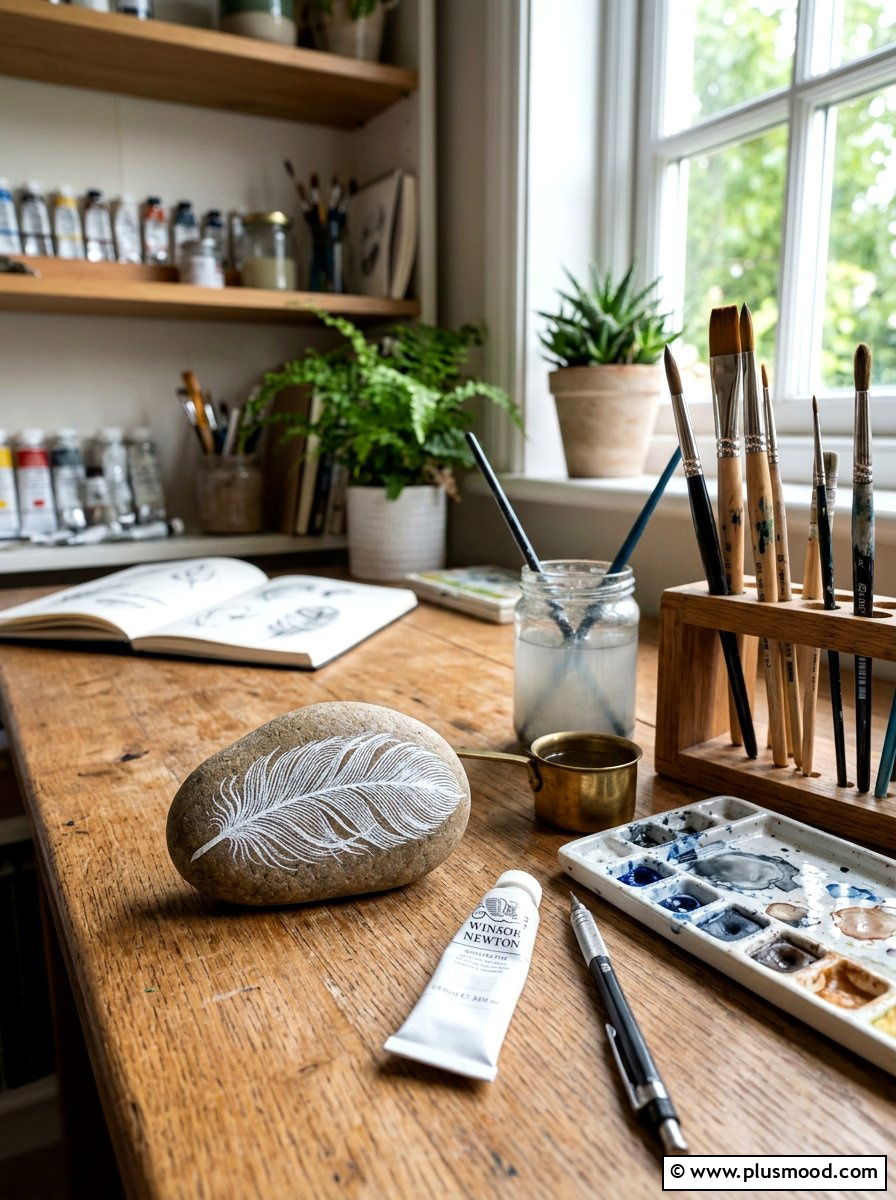 Feather Detail Stone - 25 painted rock ideas for mindfulness