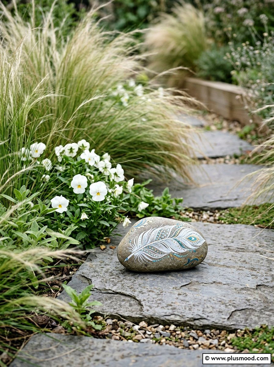 Feather Painted Rock - 25 painted rock ideas for memorial garden
