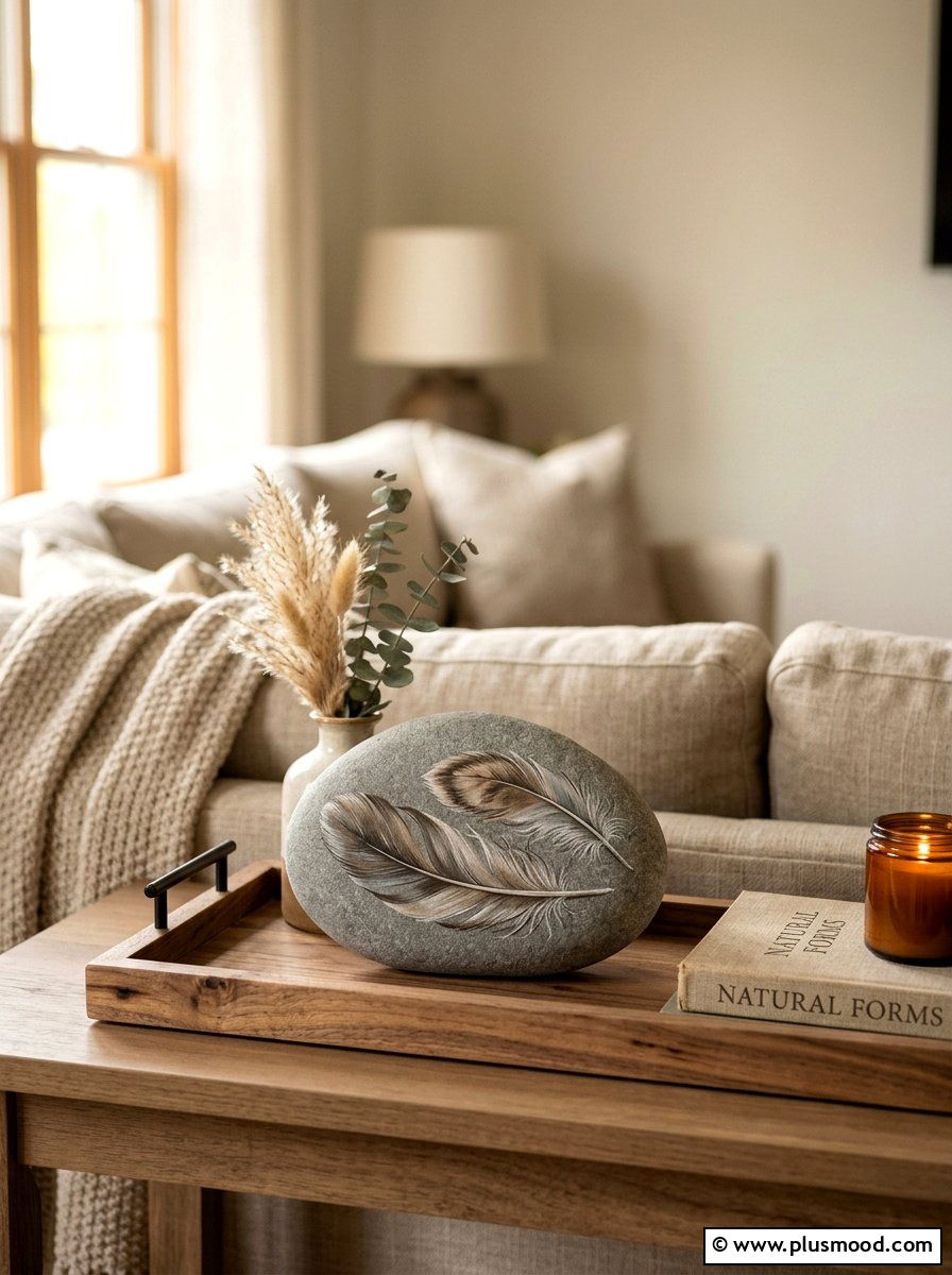 Feather Print Painted Rock - 25 painted rock ideas with nature prints