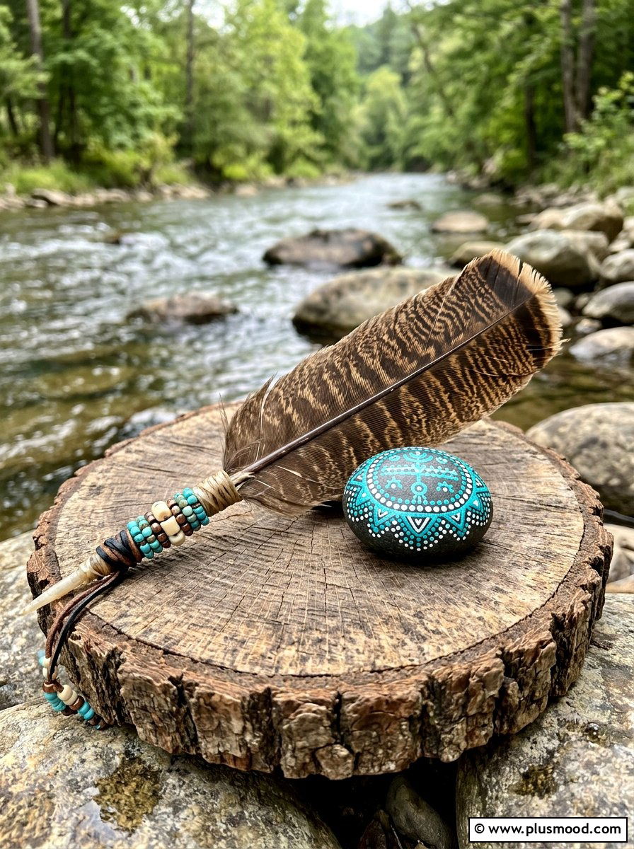 Feather With Beads - 25 painted rock ideas with feather design