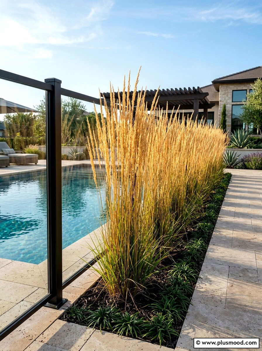 Feather reed grass vertical accent - 25 pool landscaping ideas with ornamental grasses