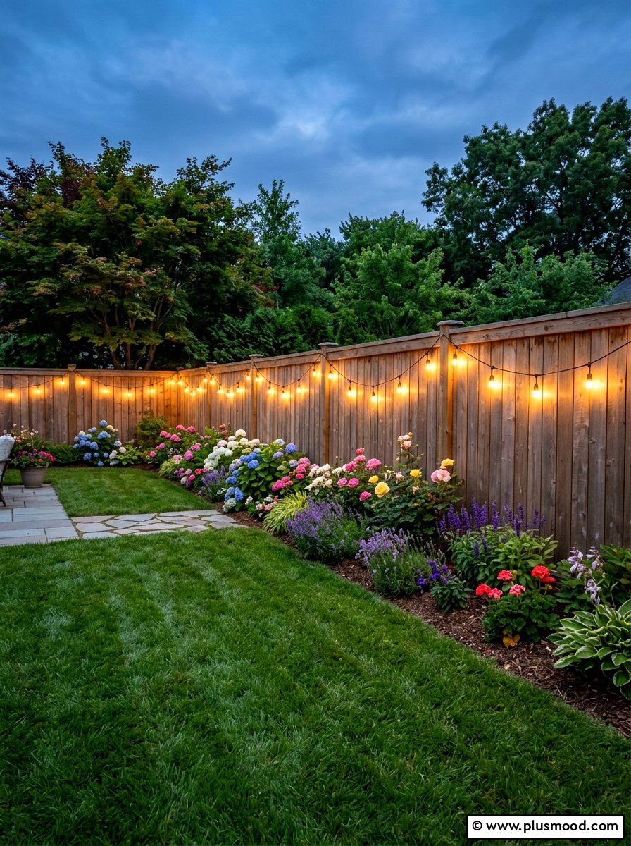 Fence String Lights - 25 small backyard ideas with string lights