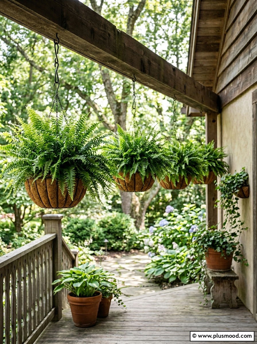 Fern Basket Display - 25 small backyard ideas with potted plants