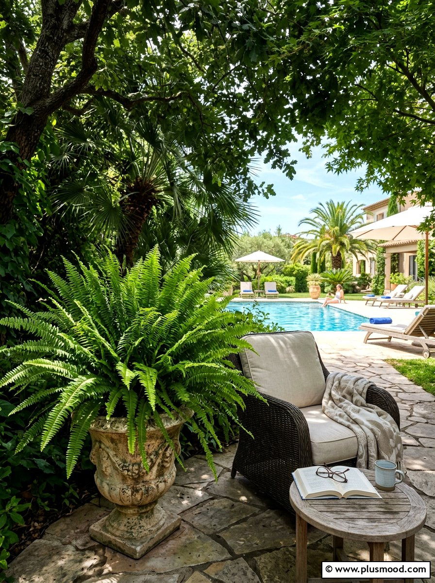 Fern In Shady Pool Corner Planter - 25 pool landscaping ideas with potted plants