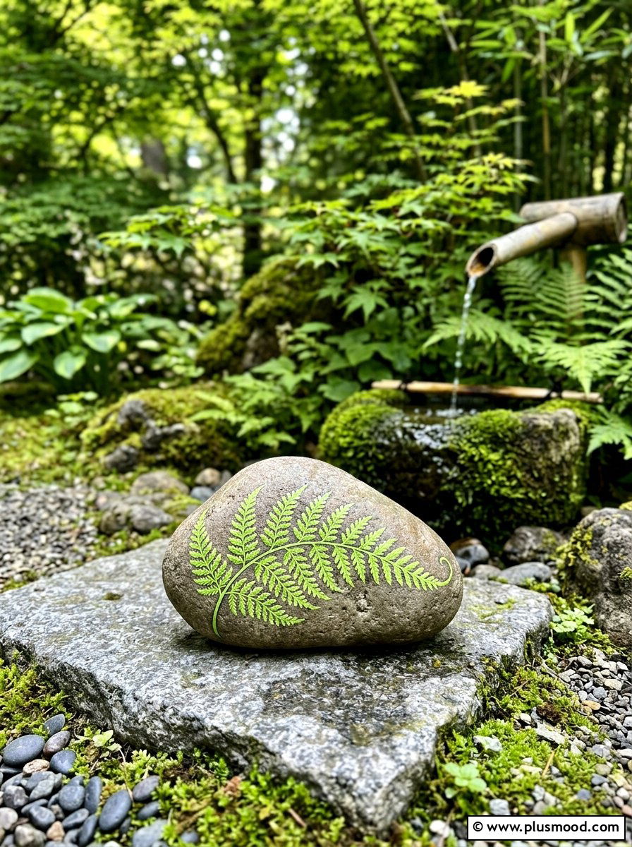 Fern Leaf Painted Rock - 25 painted rock ideas with nature prints
