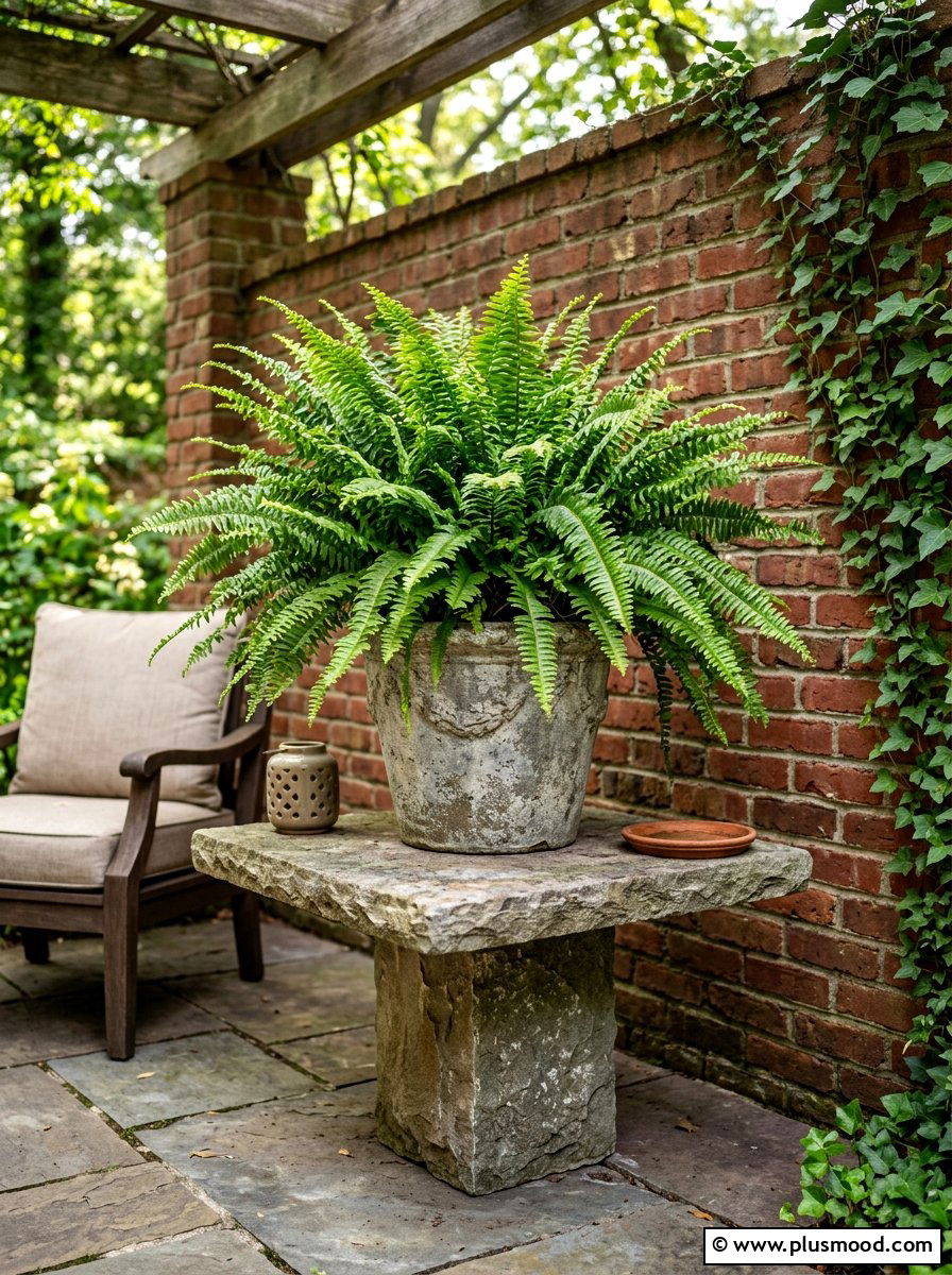 Fern in weathered cement pot - 25 summer patio centerpiece ideas