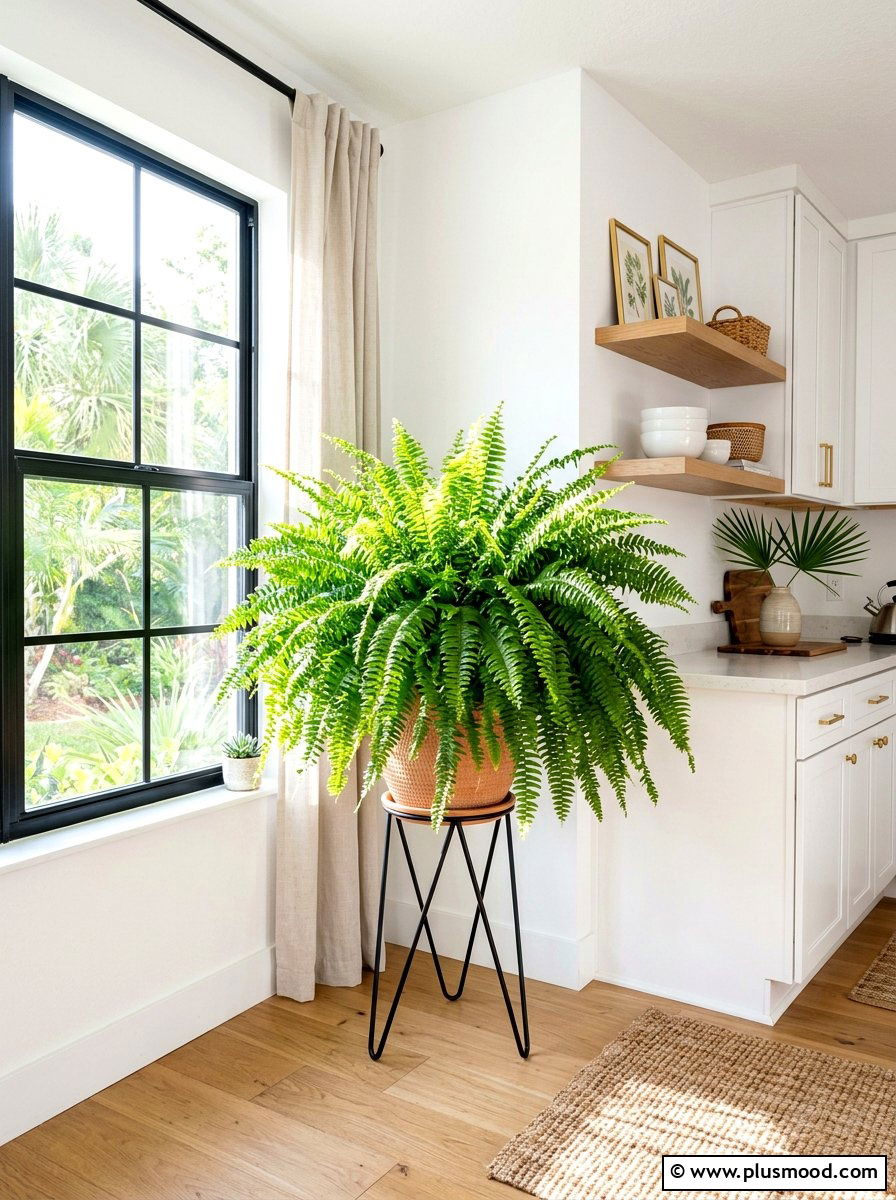 Fern plant corner accent - 25 summer greenery kitchen decor ideas