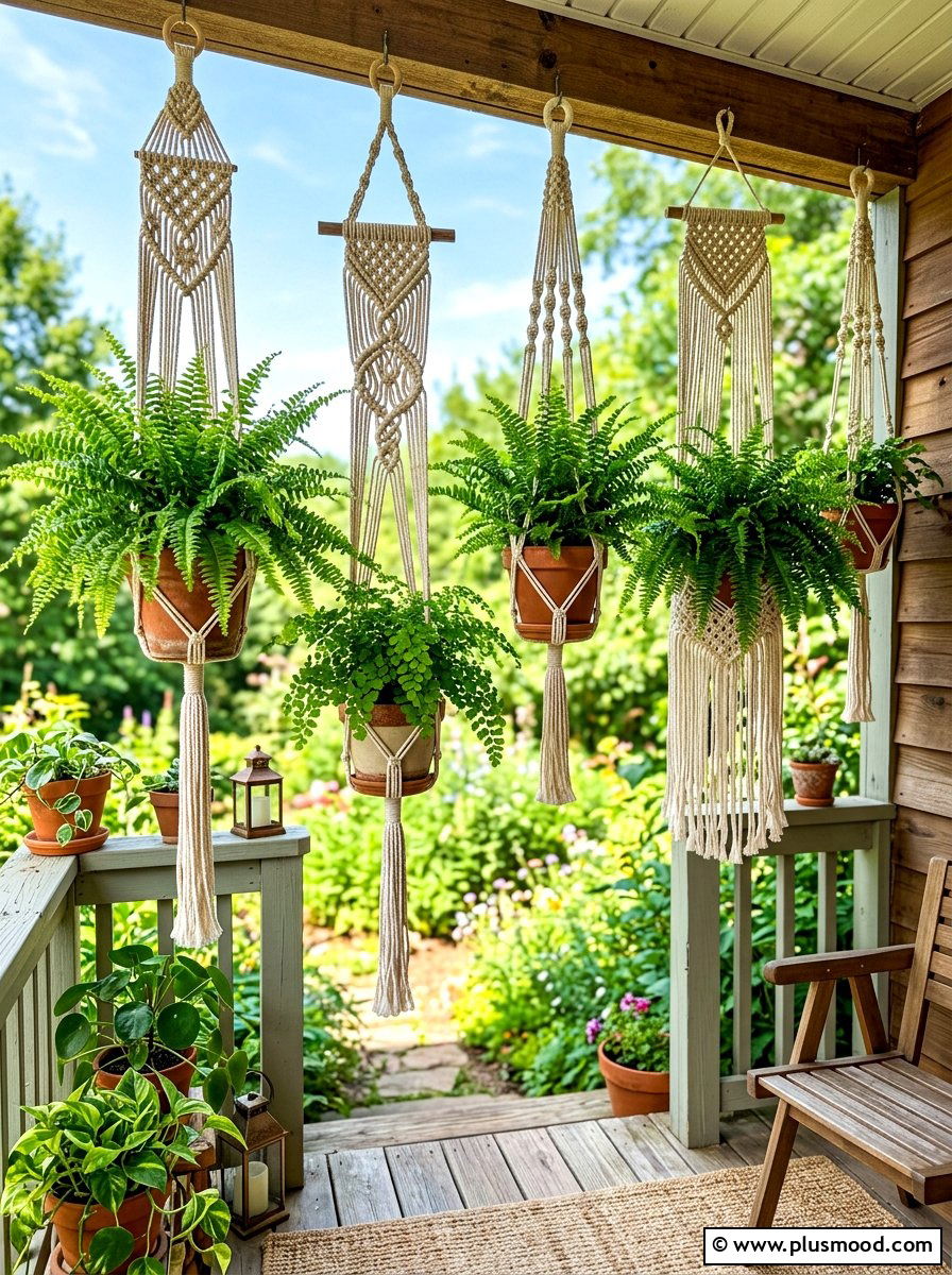 Ferns in Macrame Plant Hangers - 25 summer potted fern ideas for porch