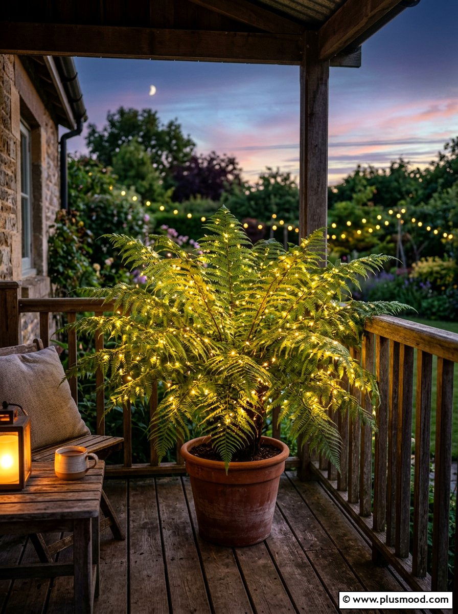 Ferns with Solar Fairy Lights - 25 summer potted fern ideas for porch