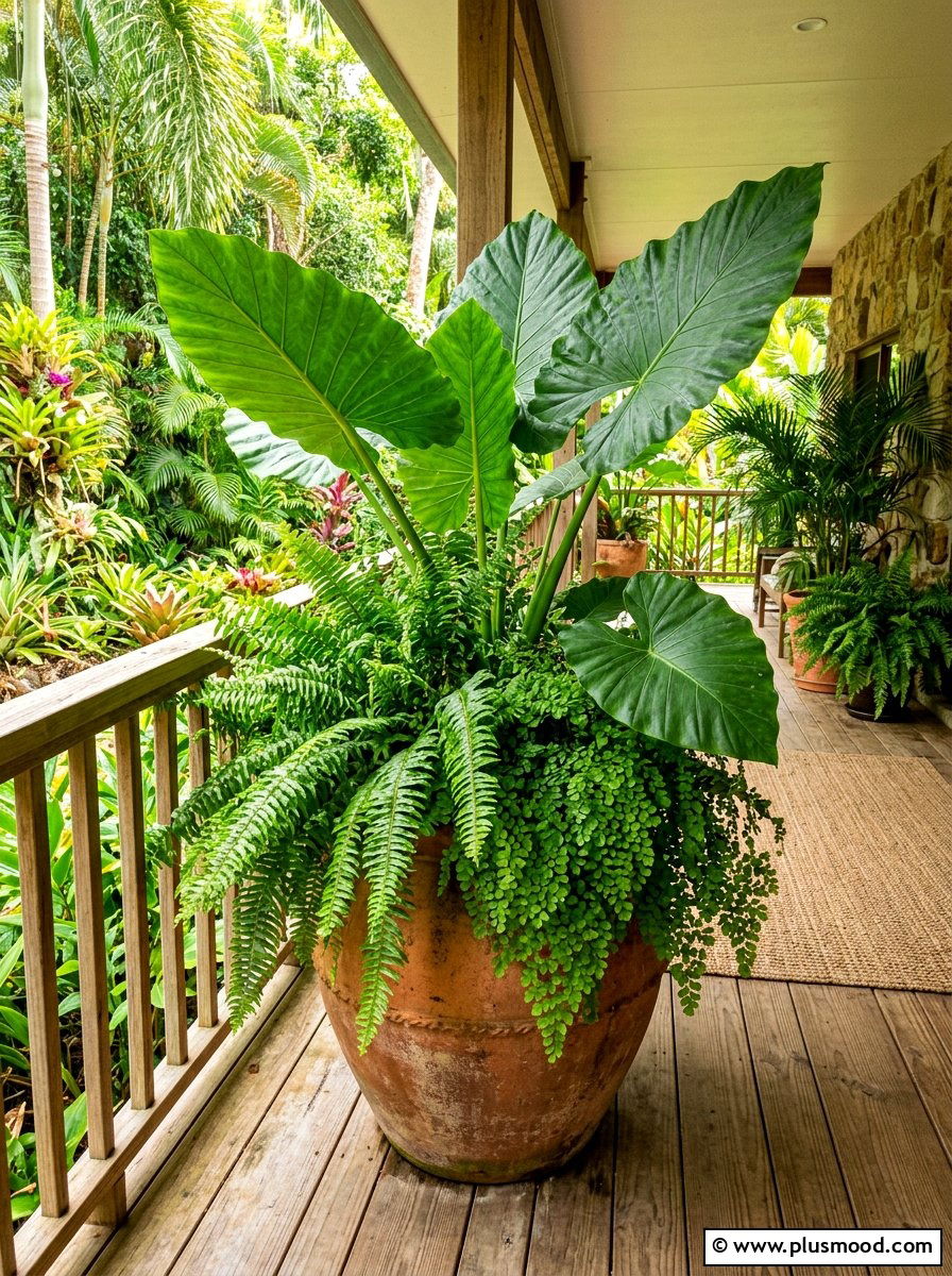 Ferns with Tropical Elephant Ears - 25 summer potted fern ideas for porch