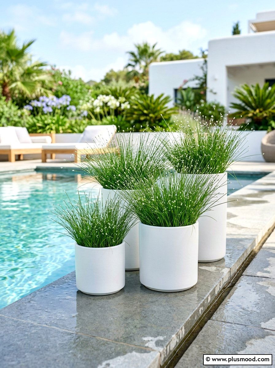 Fiber optic grass pool pots - 25 pool landscaping ideas with ornamental grasses