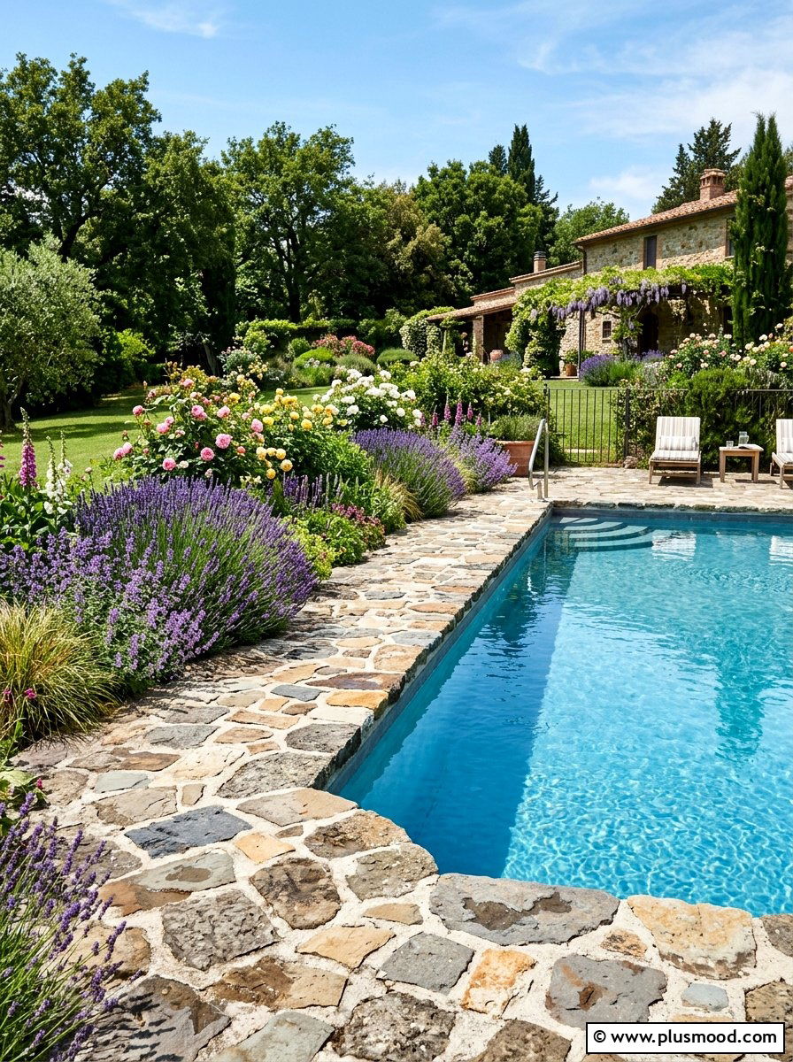 Fieldstone Pool Edge - 25 pool landscaping ideas with rocks