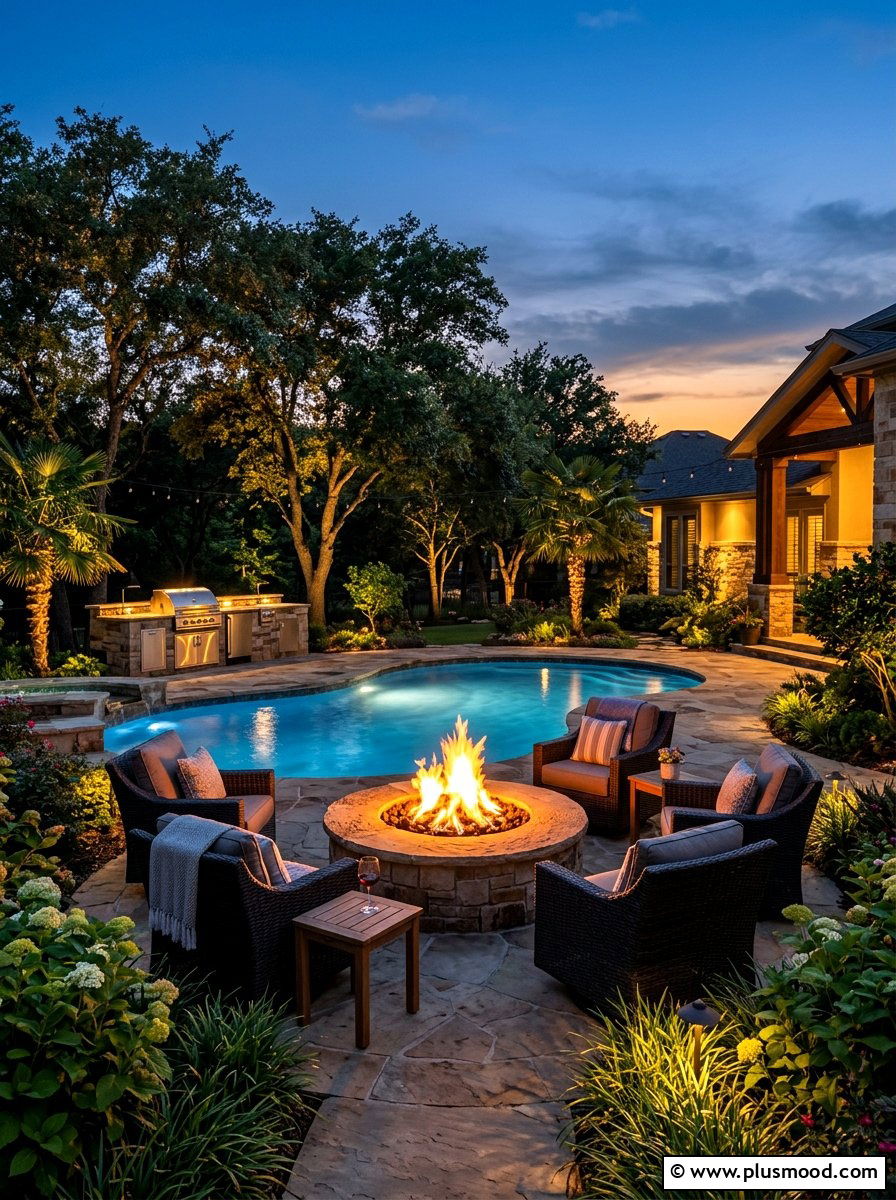 Fire Pit Pool Landscape - 25 pool landscaping ideas with outdoor kitchen