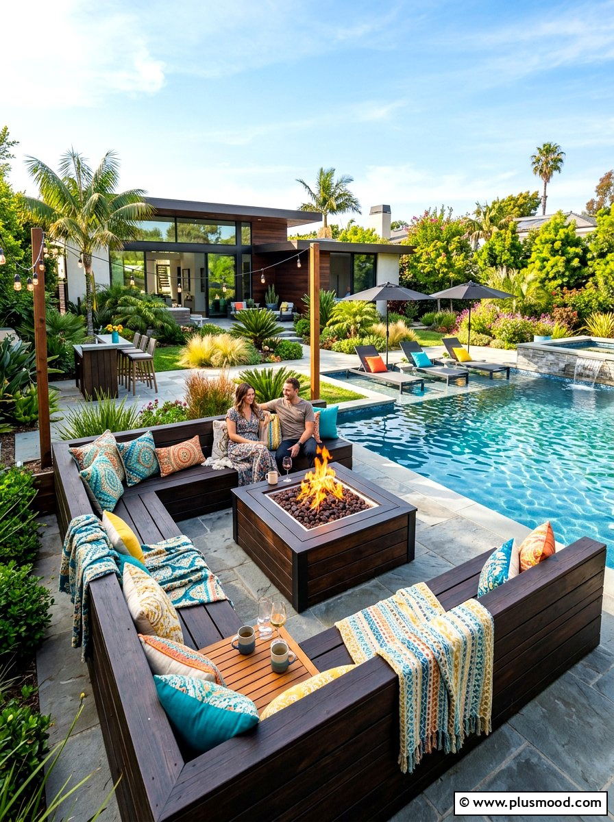 Fire Pit With Built In Bench - 25 summer poolside fire feature ideas