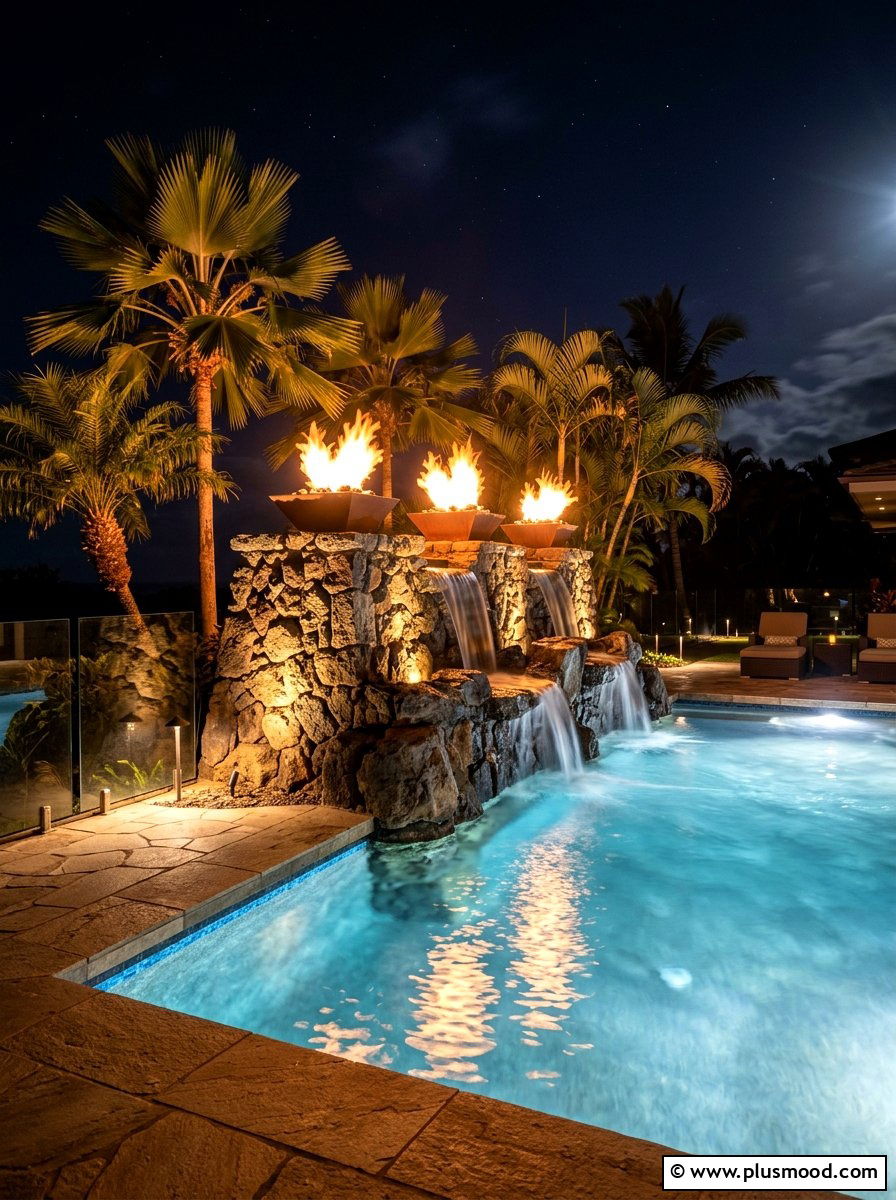 Fire and water feature for pool - 25 pool landscaping ideas with fire feature
