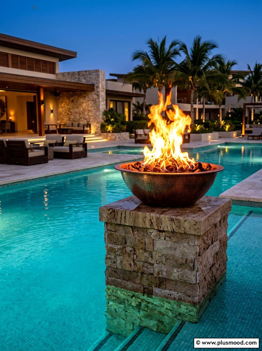 Fire bowl on pool pedestal - 25 pool landscaping ideas with fire feature