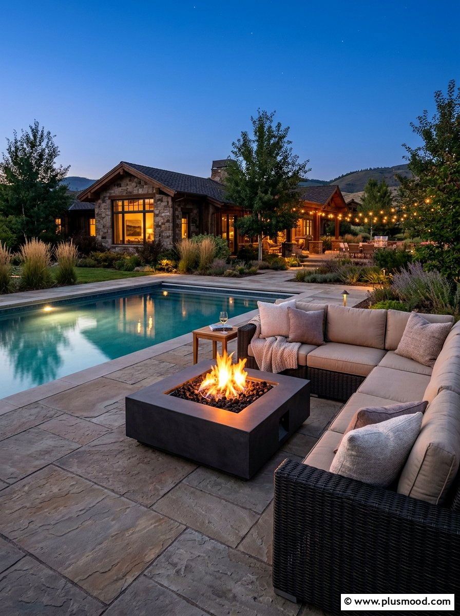 Fire pit near pool - 25 pool landscaping ideas for ranch homes