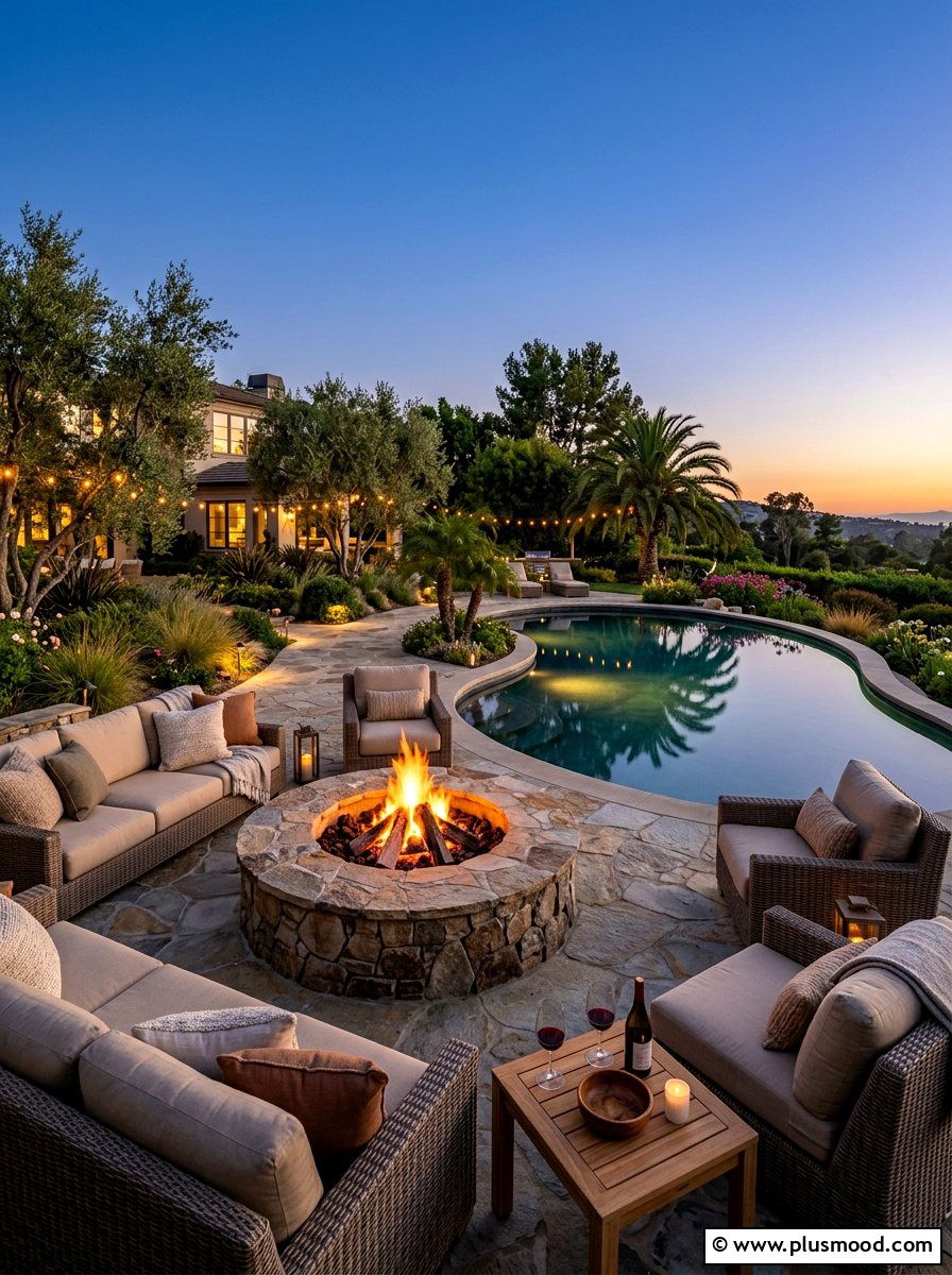 Fire pit pool area - 25 pool landscaping ideas with curved edges
