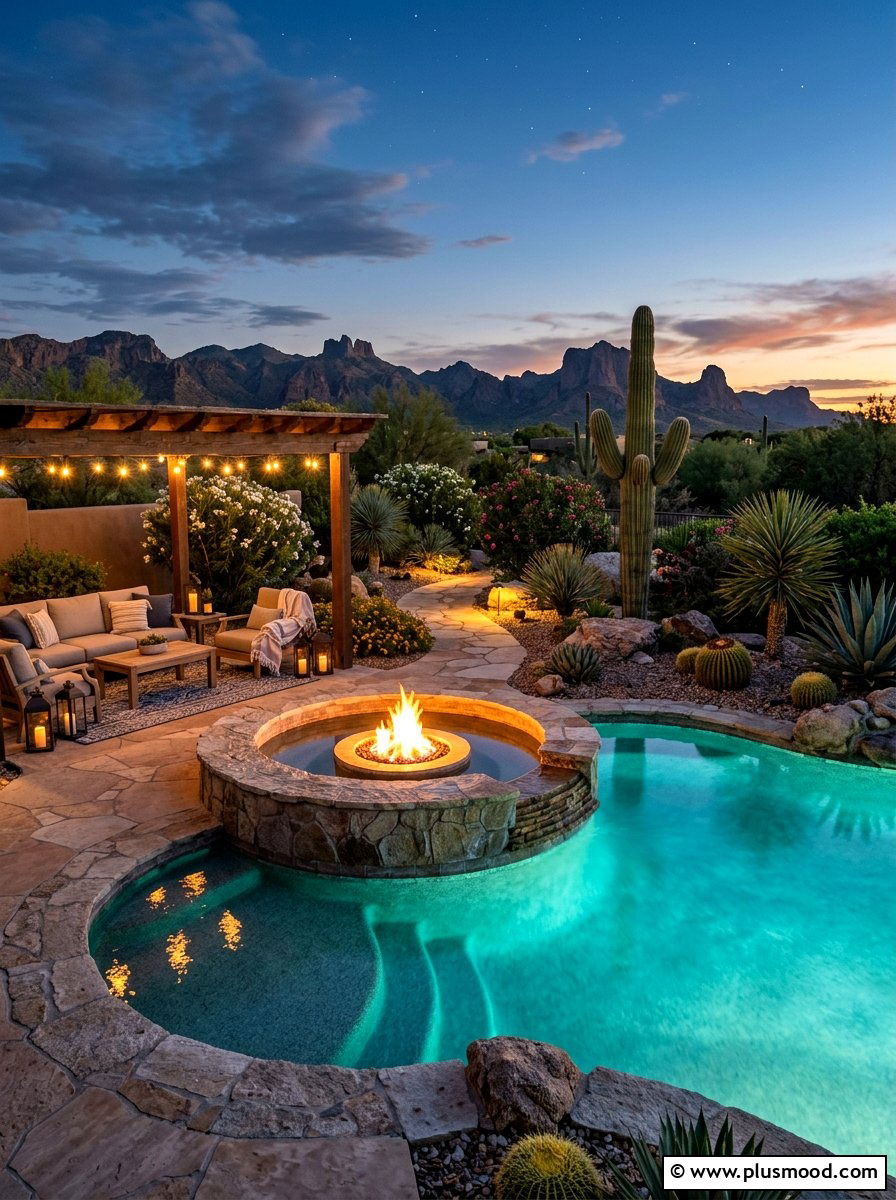 Fire pit pool with cactus - 25 pool landscaping ideas with cactus garden
