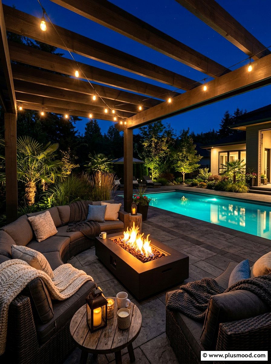 Fire pit under pool pergola - 25 pool landscaping ideas with pergola shade