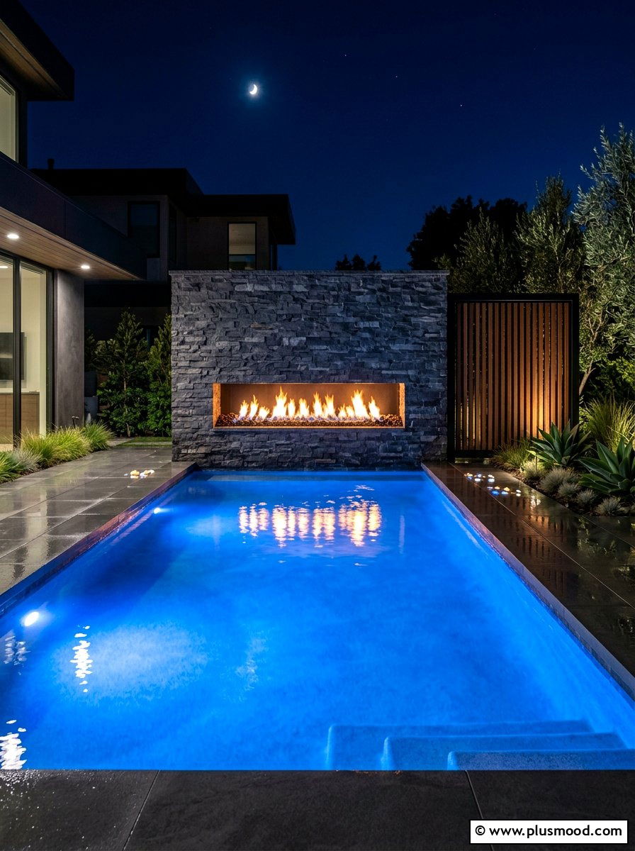 Fire wall pool feature - 25 pool landscaping ideas with fire feature