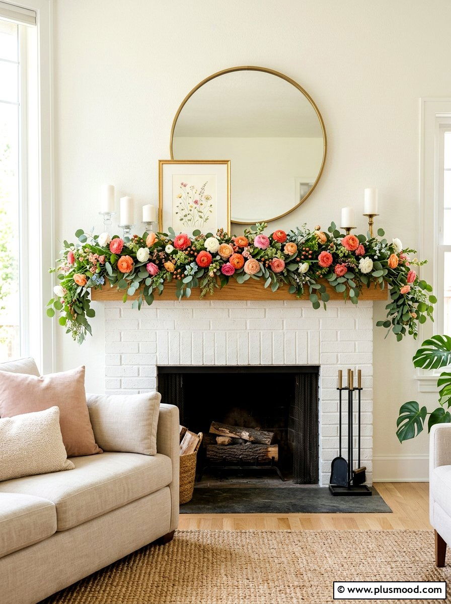 Fireplace mantle flower garlands - 25 summer decor ideas with florals