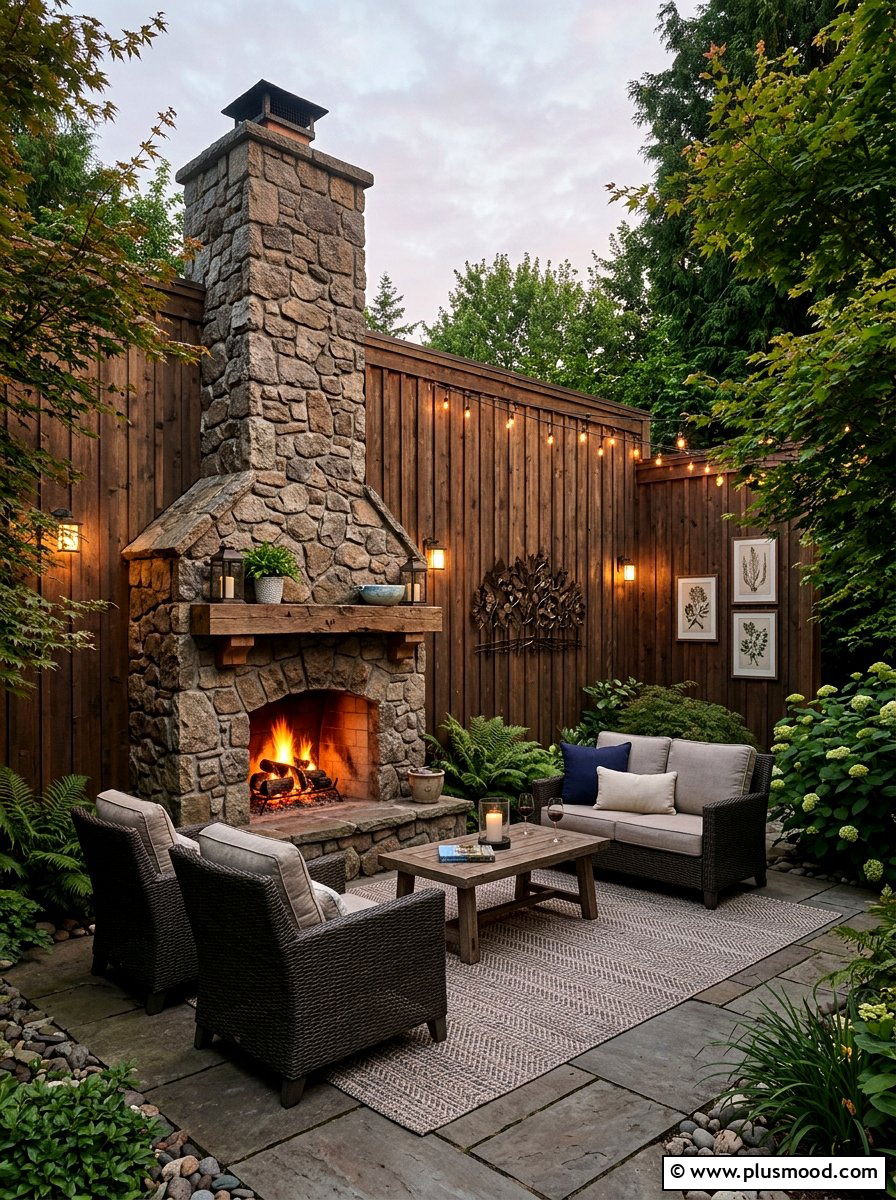 Fireplace with privacy wall for small space - 25 small backyard ideas with outdoor fireplace
