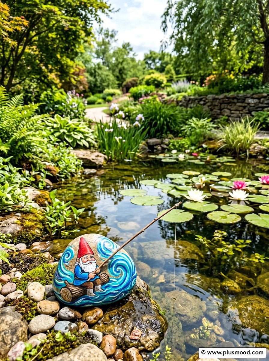 Fishing gnome - 25 painted rock ideas with gnomes
