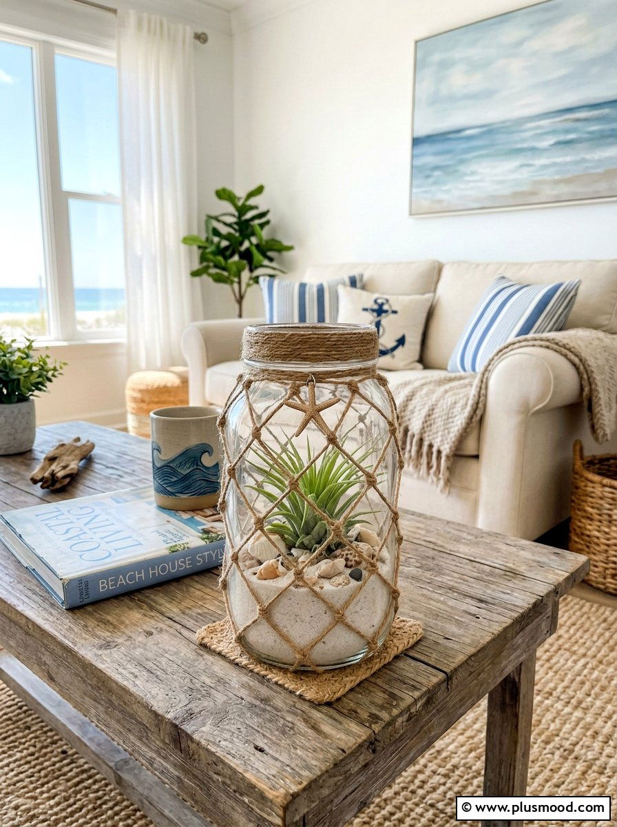 Fishnet wrapped glass jar - 25 summer coastal planter ideas