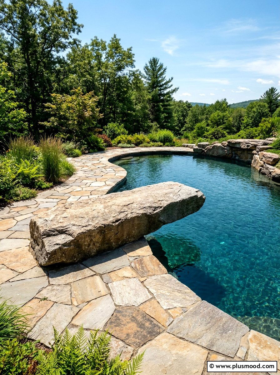 Flagstone Diving Rock Integration - 25 pool landscaping ideas with flagstone