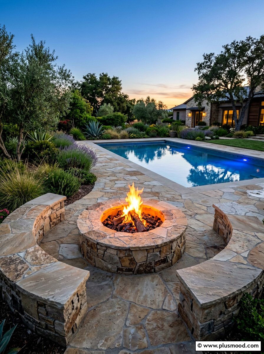 Flagstone Fire Pit Near Pool - 25 pool landscaping ideas with flagstone