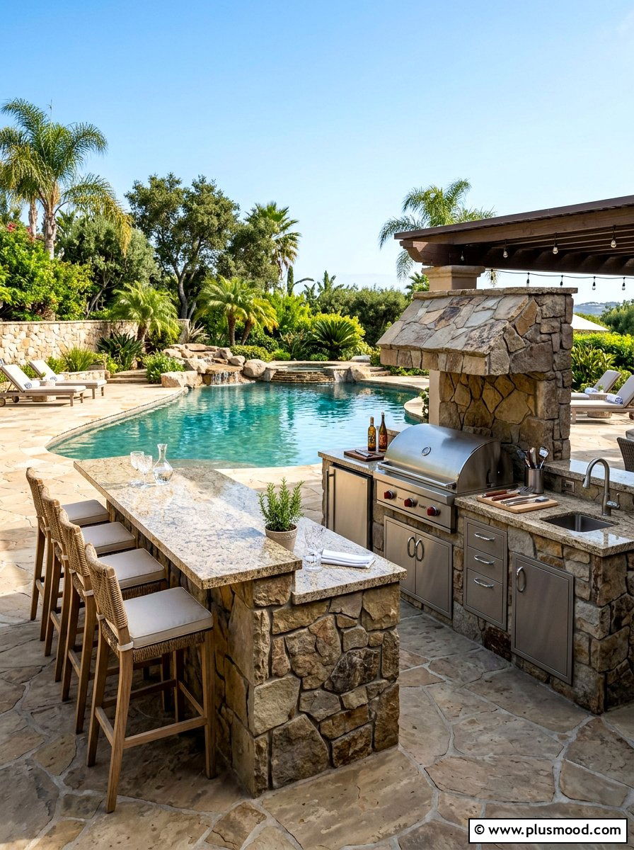 Flagstone Outdoor Kitchen By Pool - 25 pool landscaping ideas with flagstone