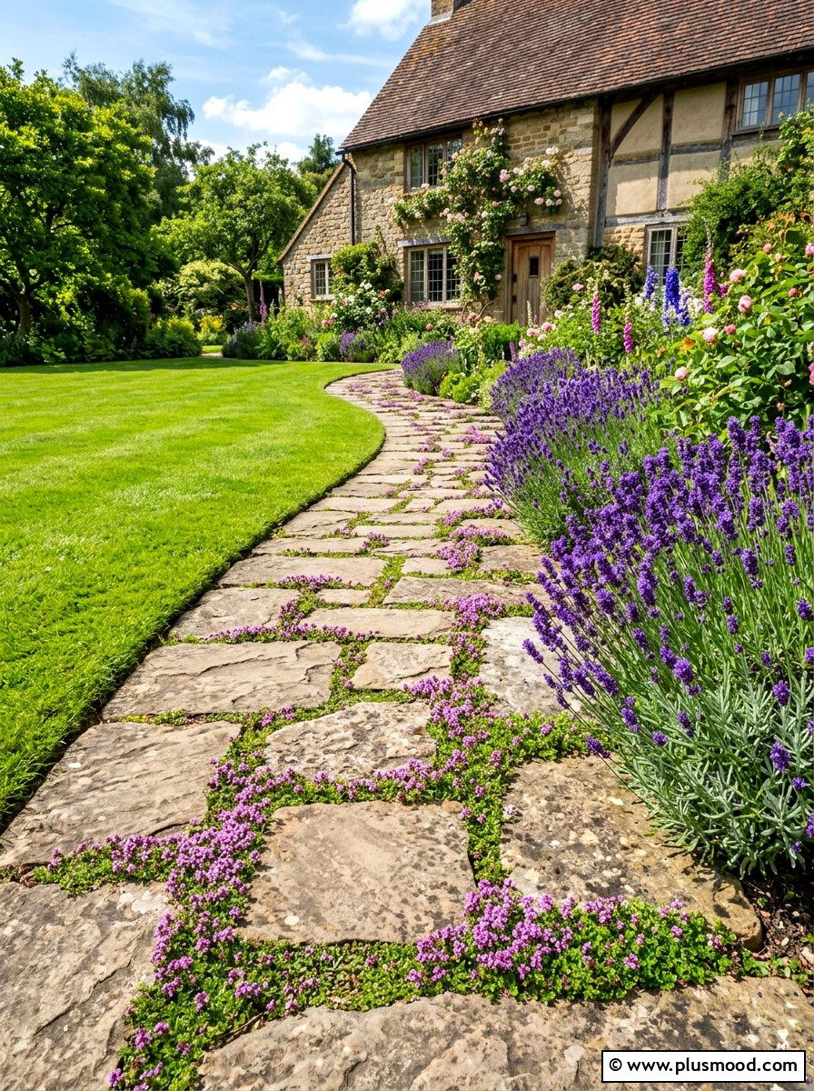 Flagstone Path With Thyme - 25 summer walkway ideas for front yard