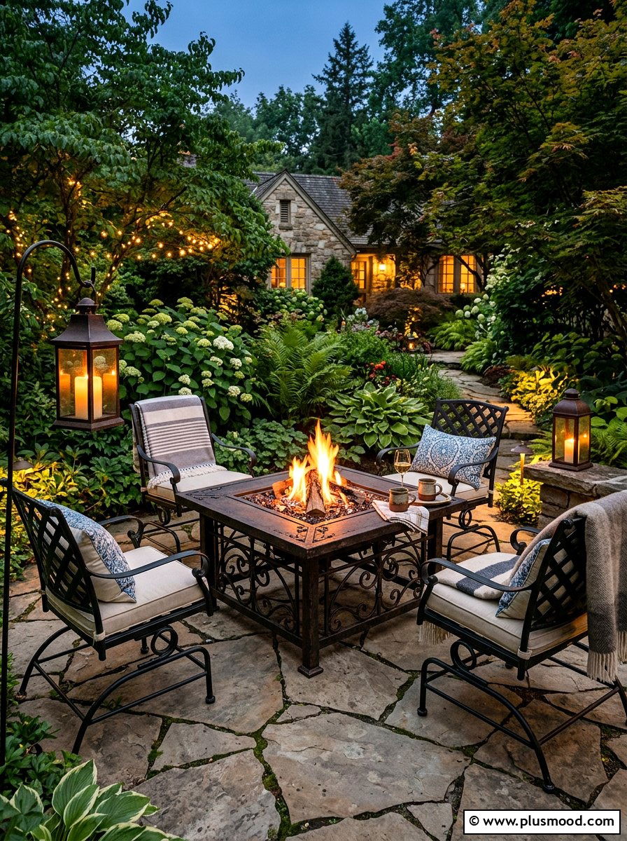 Flagstone Patio Iron Fire Table - 25 small backyard ideas with fire table