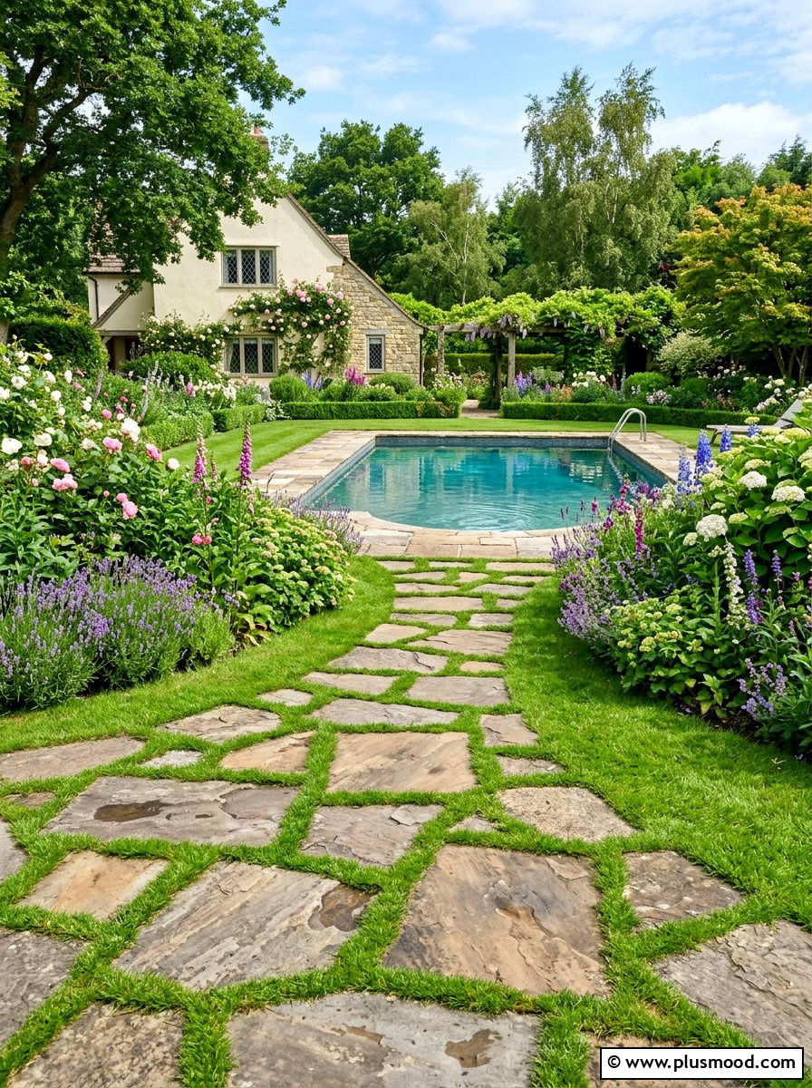 Flagstone Patio With Grass Joints - 25 pool landscaping ideas with flagstone